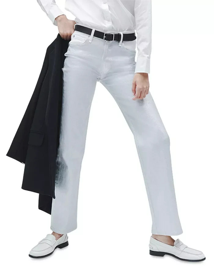 rag & bone Harlow High Rise Straight Jeans Women's 23 Coated Silver Button Zip - Picture 1 of 15