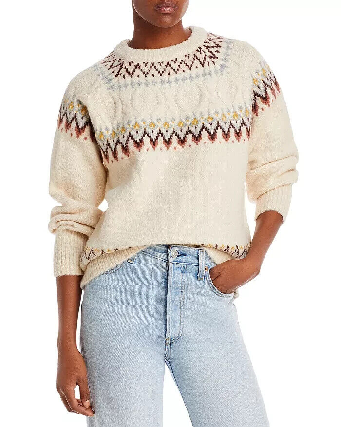 AQUA Fair Isle Sweater Women's M Cream Multi Crew Neck Long Sleeve Pullover - Picture 1 of 15