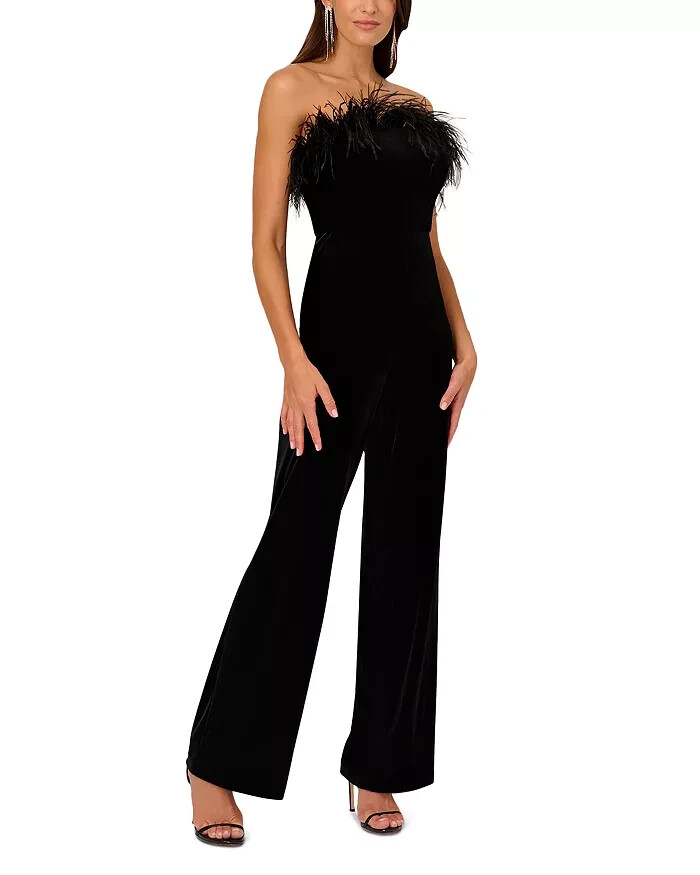 Liv Foster Stretch Velvet Jumpsuit Women's 0 Black Strapless Feather Trim Zipped - Picture 1 of 14