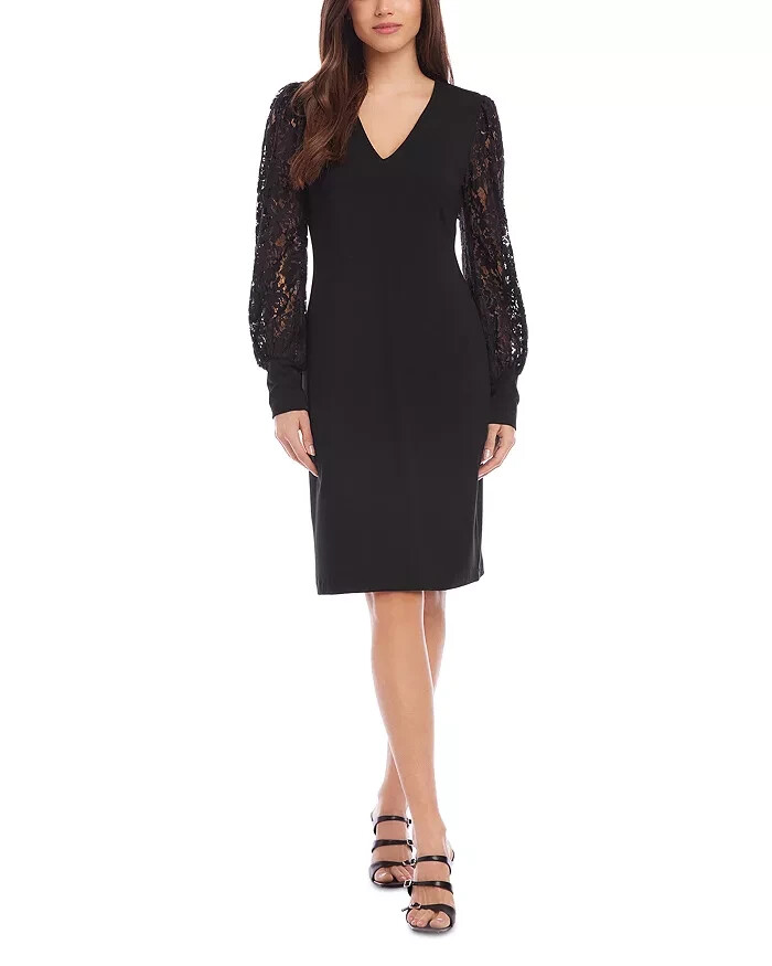 Karen Kane Lace Sleeve Dress Women's M Black V-Neck Long Sleeve Back Zip Closure - Picture 1 of 13