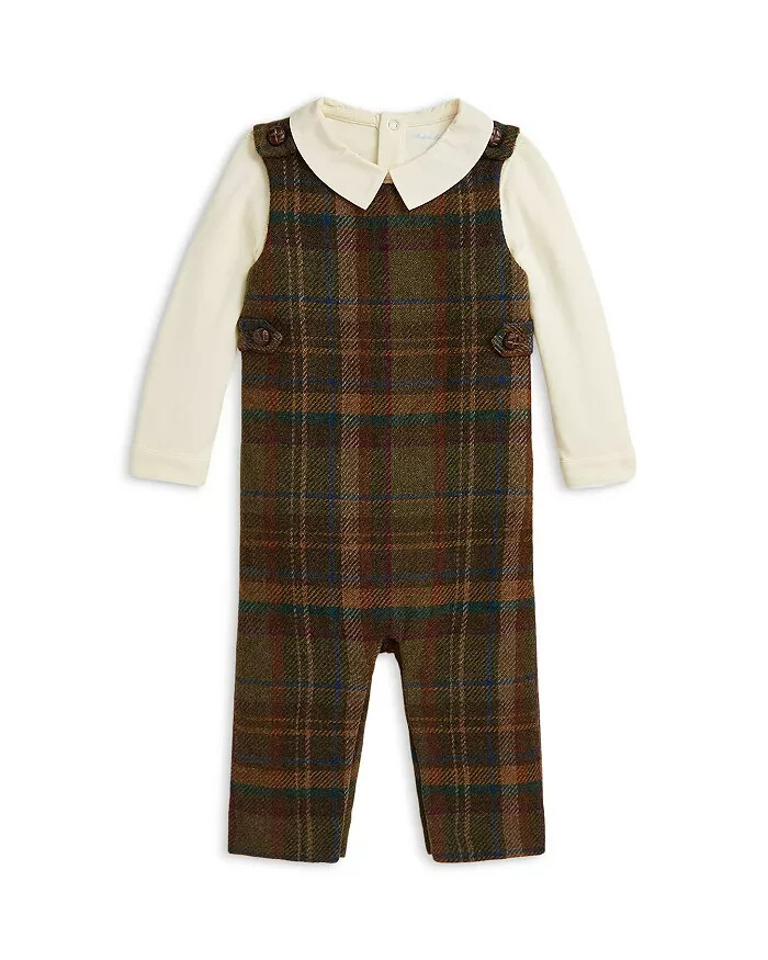 Ralph Lauren Interlock Bodysuit & Plaid Wool Blend Overall Set Baby Boys' 24M - Picture 1 of 19