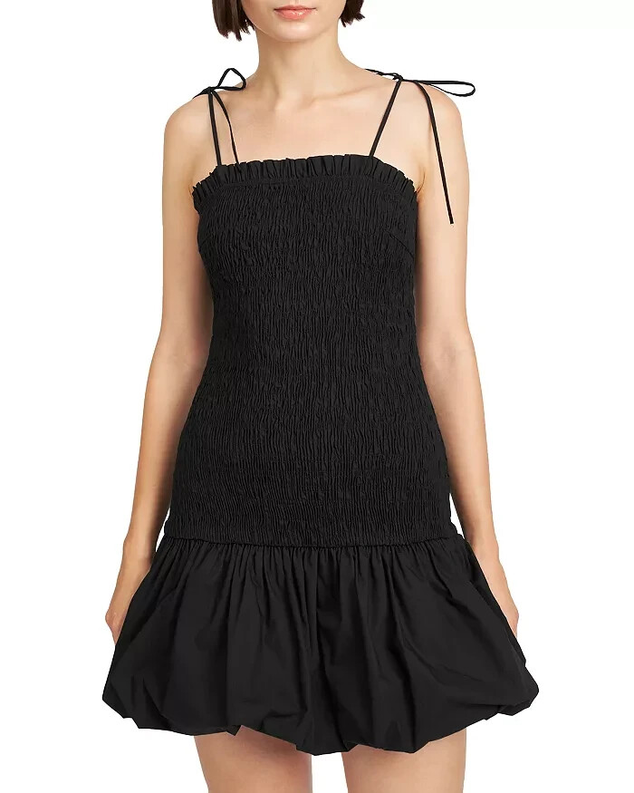 En Saison Smocked Bubble Hem Mini Dress Womens L Black Self-Tie Back Zip Closure - Picture 1 of 15