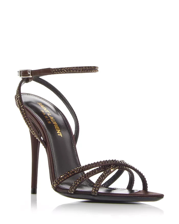 Saint Laurent Ava Embellished High Heel Sandals Women's 39/9 US Chocolate - Picture 1 of 19