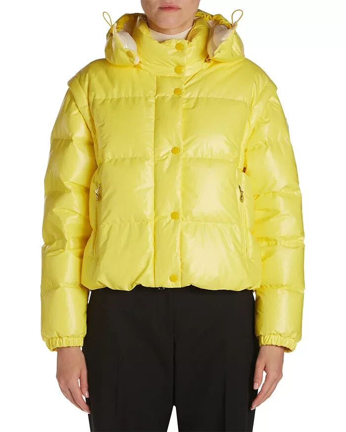 Moncler Mauleon Hooded Puffer Jacket Women's 5 Yellow Removable Hood & Sleeves - Picture 1 of 21