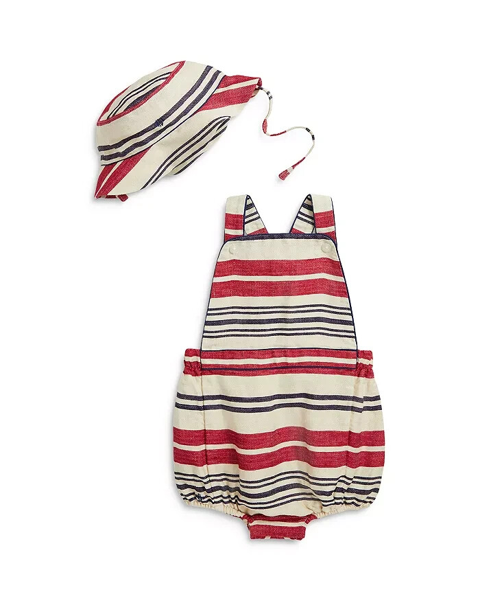 Ralph Lauren Stripe Linen Bubble Shortall & Hat Set Little Boys 9M/12M Red Multi - Picture 1 of 22