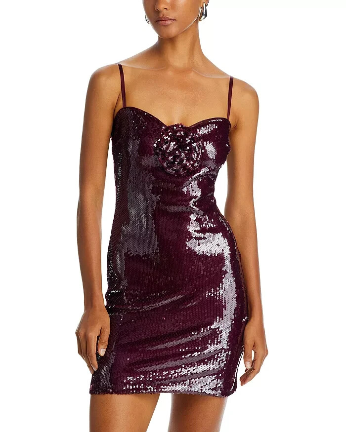 FRENCH CONNECTION Beatrice Sequin Mini Dress Women's 2 Burgundy Red Back Zip - Picture 1 of 16