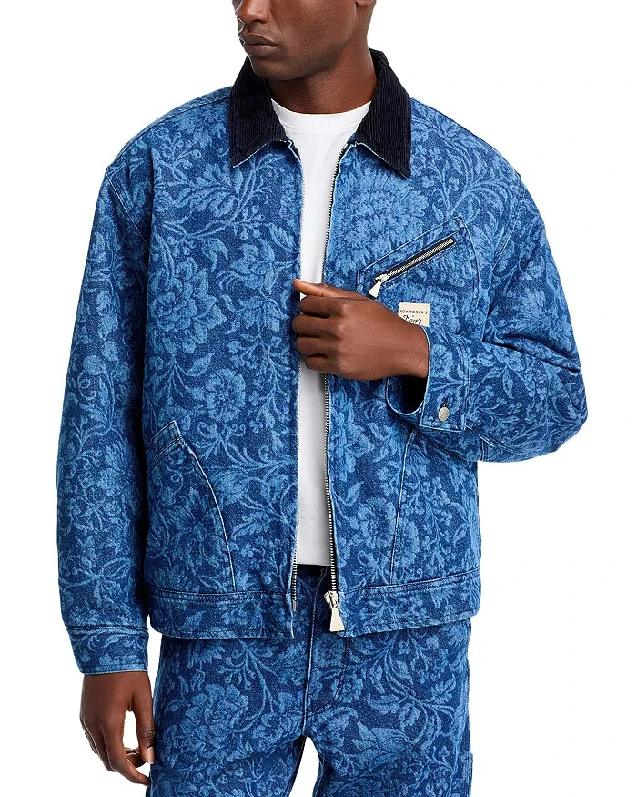 Roy Roger's x Dave's New York Zip Front Lasered Denim Jacket Men's L Blue Floral - Picture 1 of 16