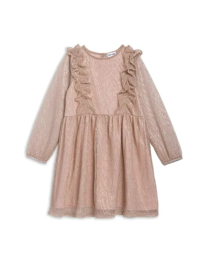 Splendid Glitzy Pleated Tulle Dress Girls' 5 Champagne Round Neck Back Snap L/S - Picture 1 of 17