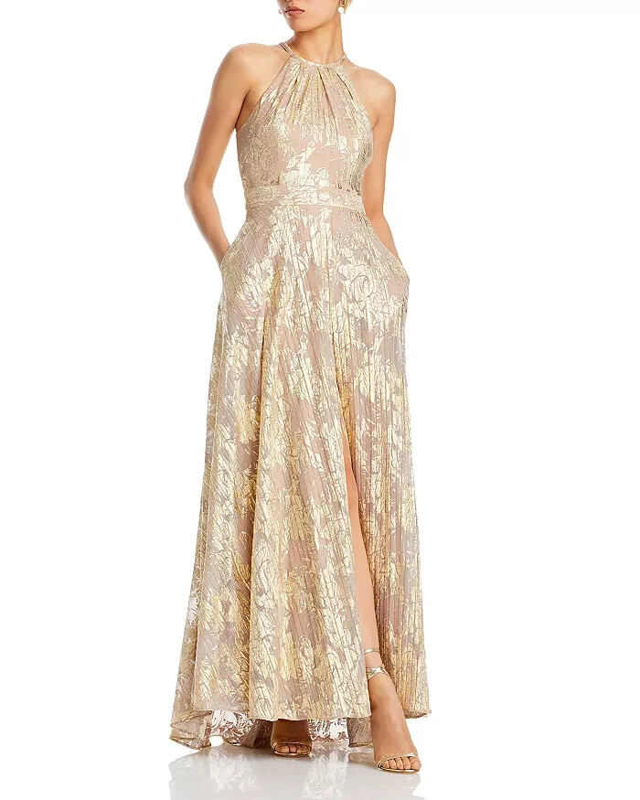 AQUA Foil Knit Metallic Halter Gown Women's 2 White/Pink/Gold Back Zip Closure - Picture 1 of 16