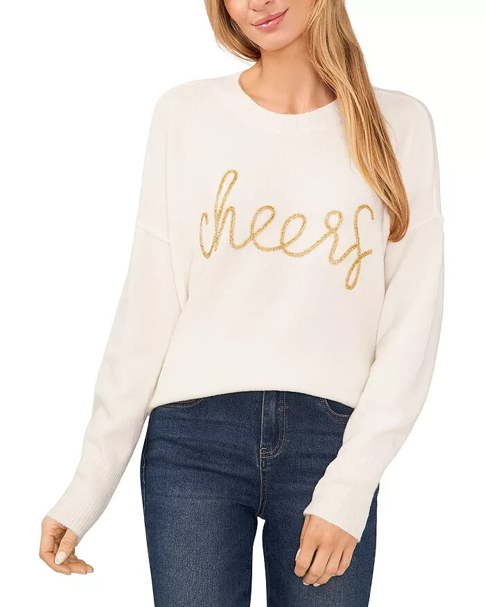 CeCe Cheers Crewneck Sweater Women's M Cream Solid Beaded Long Sleeve Pullover - Picture 1 of 15