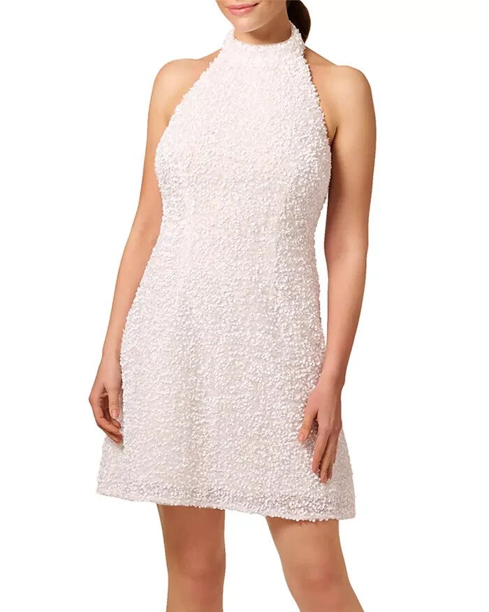 Liv Foster Sequin Halter Mini Dress Womens 10 Ivory Open Back Button Zip Closure - Picture 1 of 18