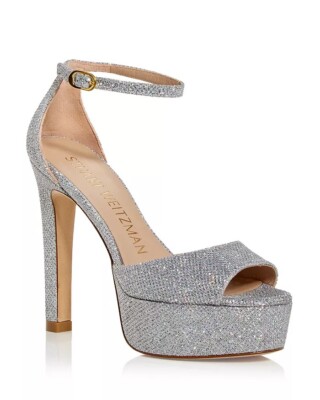 $575 STUART WEITZMAN Disco Platform Sandals SILVER (MULTI GLITTER) 7  (PB16)