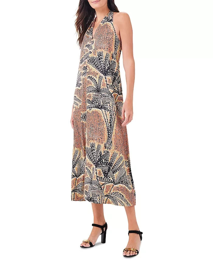 NIC+ZOE Dotty Palms Halter Dress Women's XL Neutral Multi V-Neck Pullover Style - Picture 1 of 15