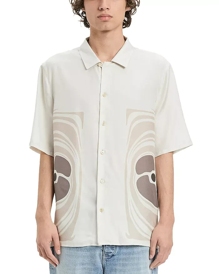 VAYDER Montague Regular Fit Silk Blend Cuban Shirt Men's L Silver Taupe Printed - Picture 1 of 15
