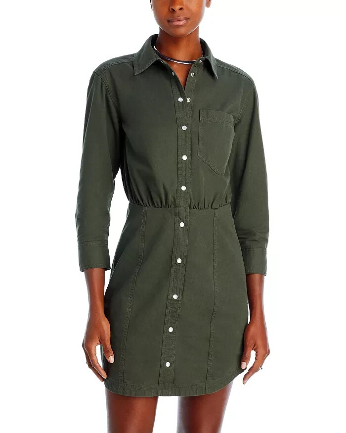 Veronica Beard Keston Twill Snap Front Shirtdress Women 10 Army Green 3/4 Sleeve - Picture 1 of 16
