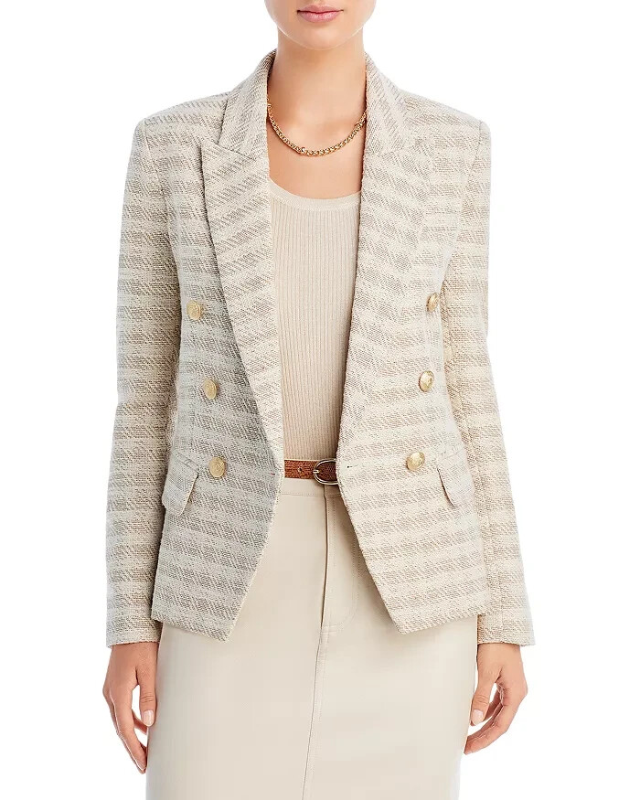 Pre-owned L'agence Kenzie Checked Double Breasted Blazer Women's 12 Ecru Gold Long Sleeve