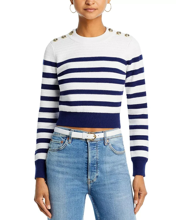 Generation Love Janice Cropped Sweater Women's S White/Navy Striped Long Sleeve - Picture 1 of 14