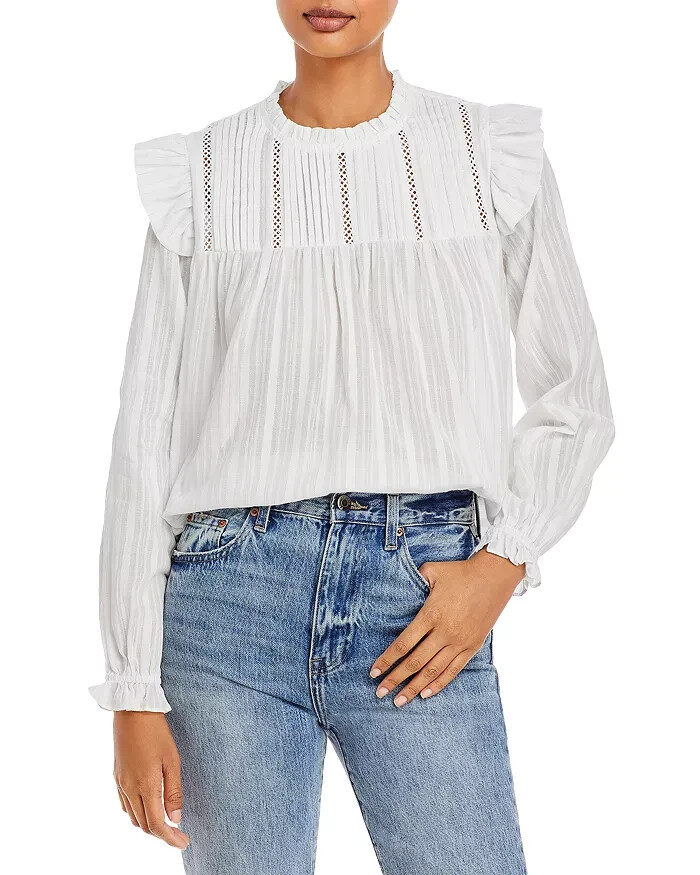 AQUA Pleated Blouse Women's XS White Ruffle Long Sleeve Button Back Closure - Picture 1 of 14