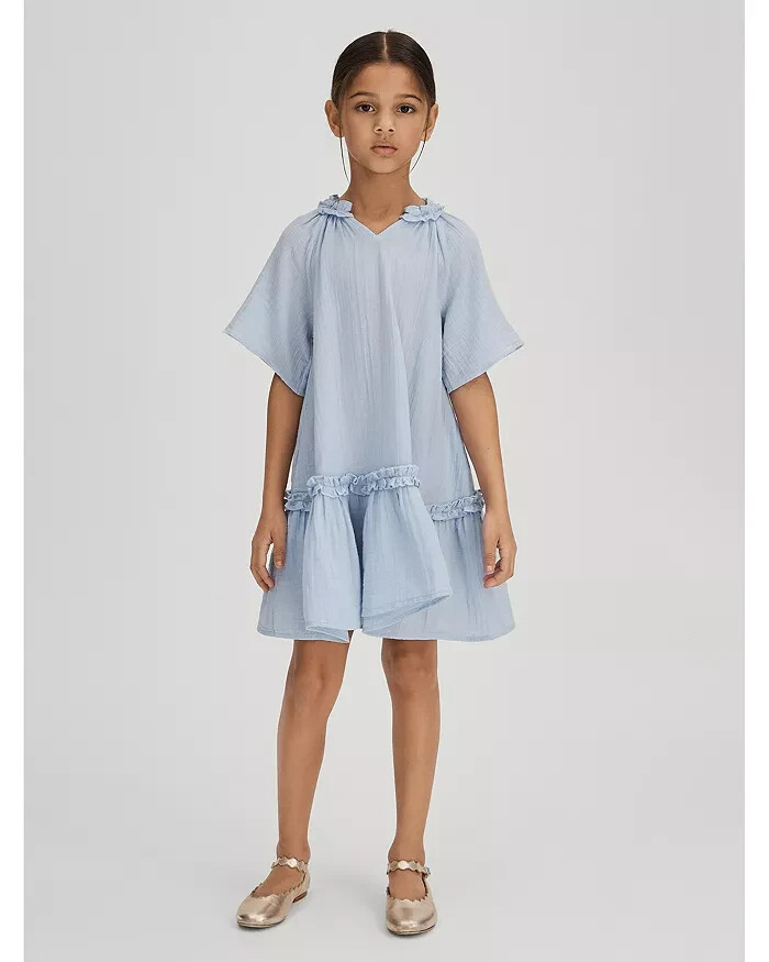 Reiss Blue Millie Seersucker Ruffle Dress Girls' 8-9Y Light Blue Button Back S/S - Picture 1 of 16