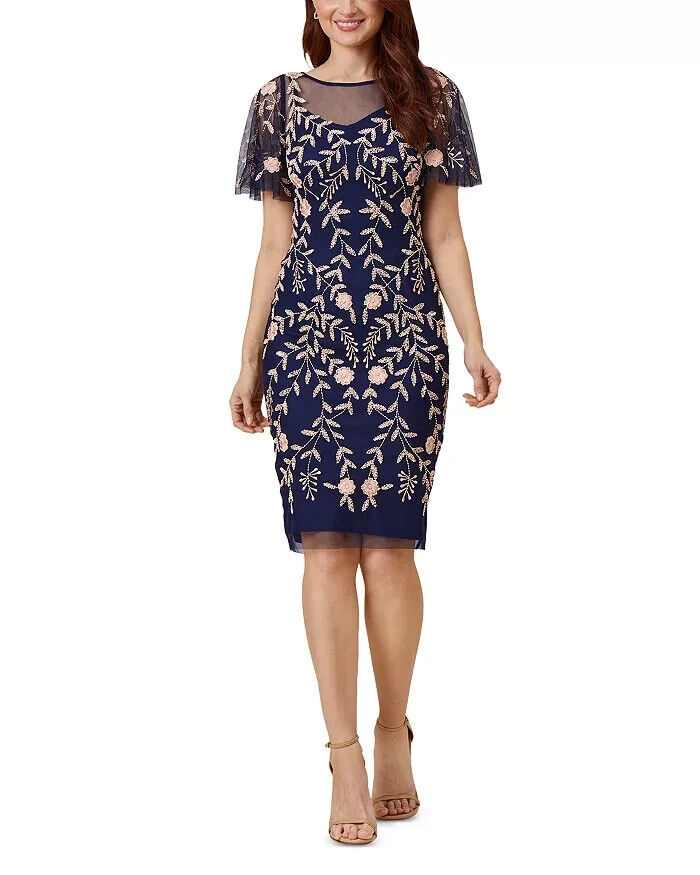 Adrianna Papell Beaded Flutter Sleeve Dress Women's 2 Navy Round Neck Back Zip - Picture 1 of 13