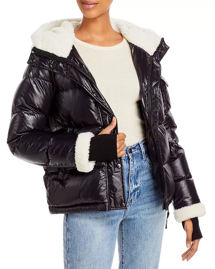 AQUA Jane Down Fur Trim Puffer Jacket Women's S Jet/White Snap/Zip Closure L/S - Picture 1 of 14