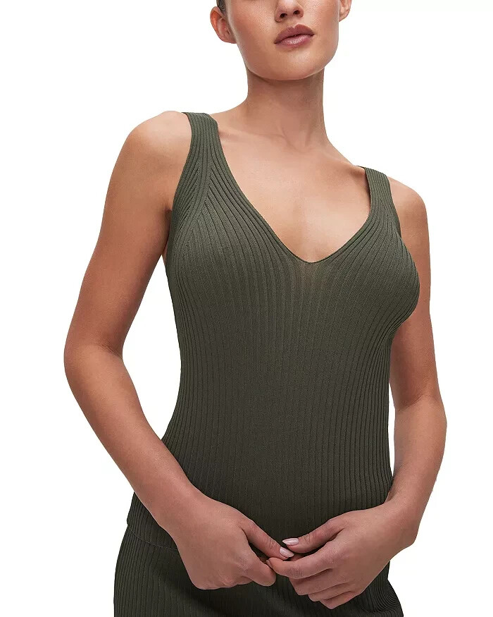 Good American Shine Ribbed Tank Top Women's M Fatigue Deep V-Neck Sleeveless - Picture 1 of 13