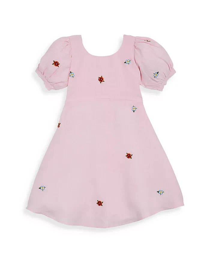 Fanm Mon Fennie Floral Embroidered Linen Dress Girls' 12 Pink Scoop Neck S/S - Picture 1 of 17