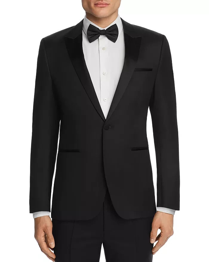HUGO Astiane Slim Fit Tuxedo Jacket Men's 36S Black Virgin Wool Blend Peak Lapel - Picture 1 of 17
