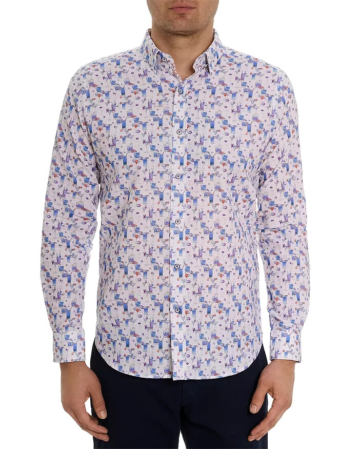 Robert Graham Linen Blend Button Front Shirt Men's L Blue Hawaiian Long Sleeve - Picture 1 of 16