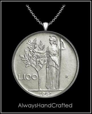AlwaysHandCrafted ITALY 100 LIRE Necklace - goddess minerva silver coin pendant