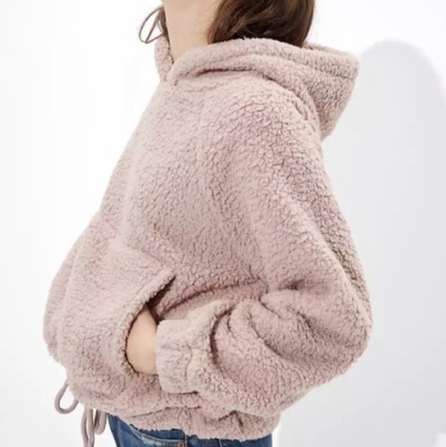 NWT WOMEN S AMERICAN EAGLE SHERPA CINCHED PULLOVER HOODIE IN PINK SIZE XS