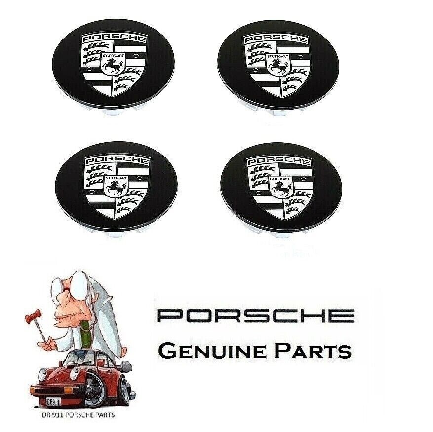 PORSCHE WHEEL CENTER CAPS BLACK WITH SILVER EMBLEM 77 MM