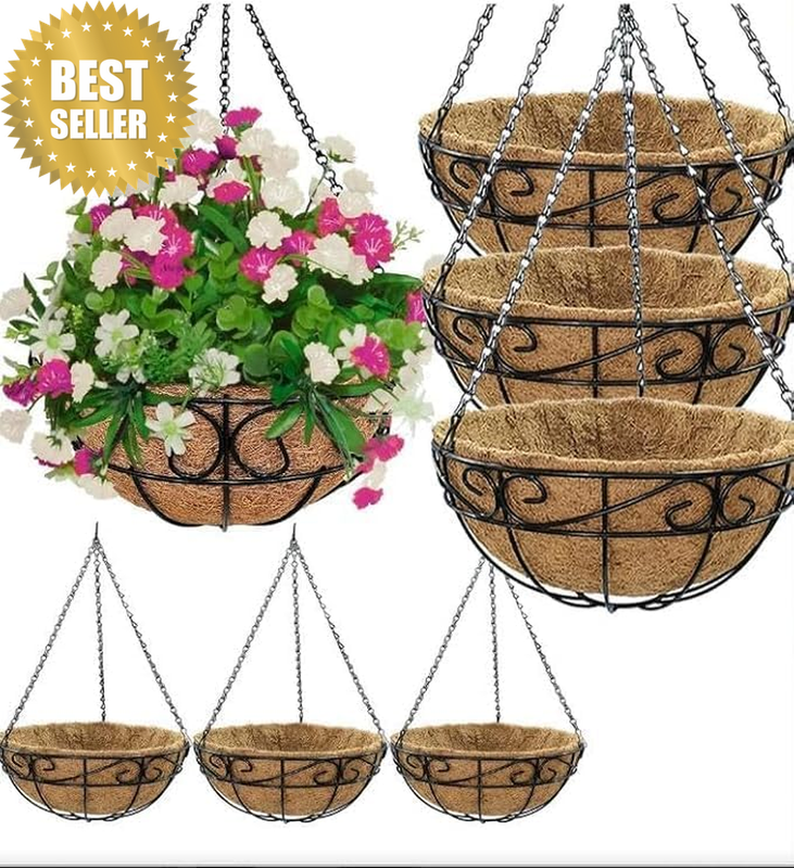 Metal Hanging Plant Baskets, 10 Inch, Set of 3, round Wire Planters with Coco Li
