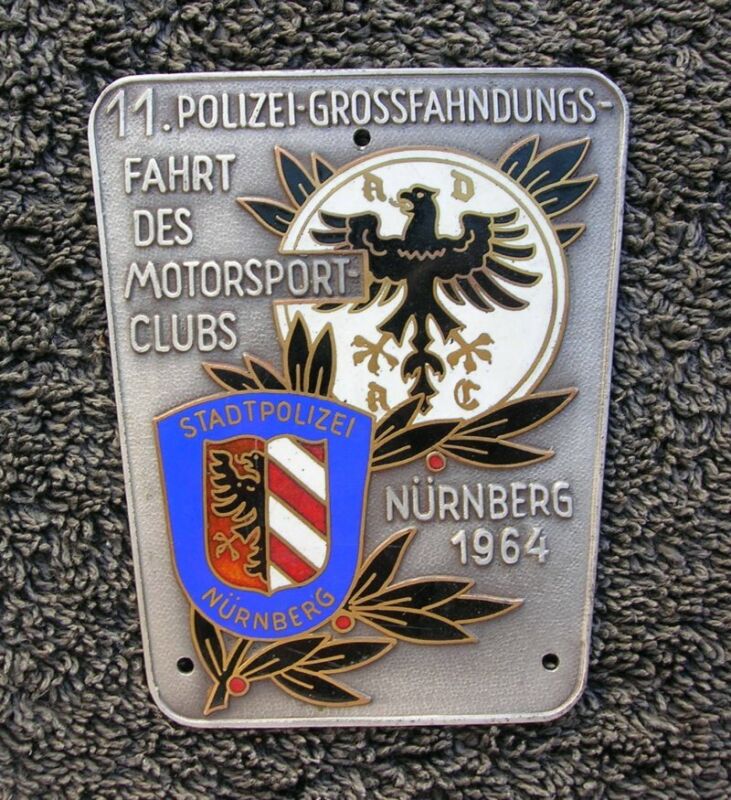 Nurnberg Adac Police Race Rallye Car Badge Vintage  Porsche 356 911 Mb Sl Vw Bmw