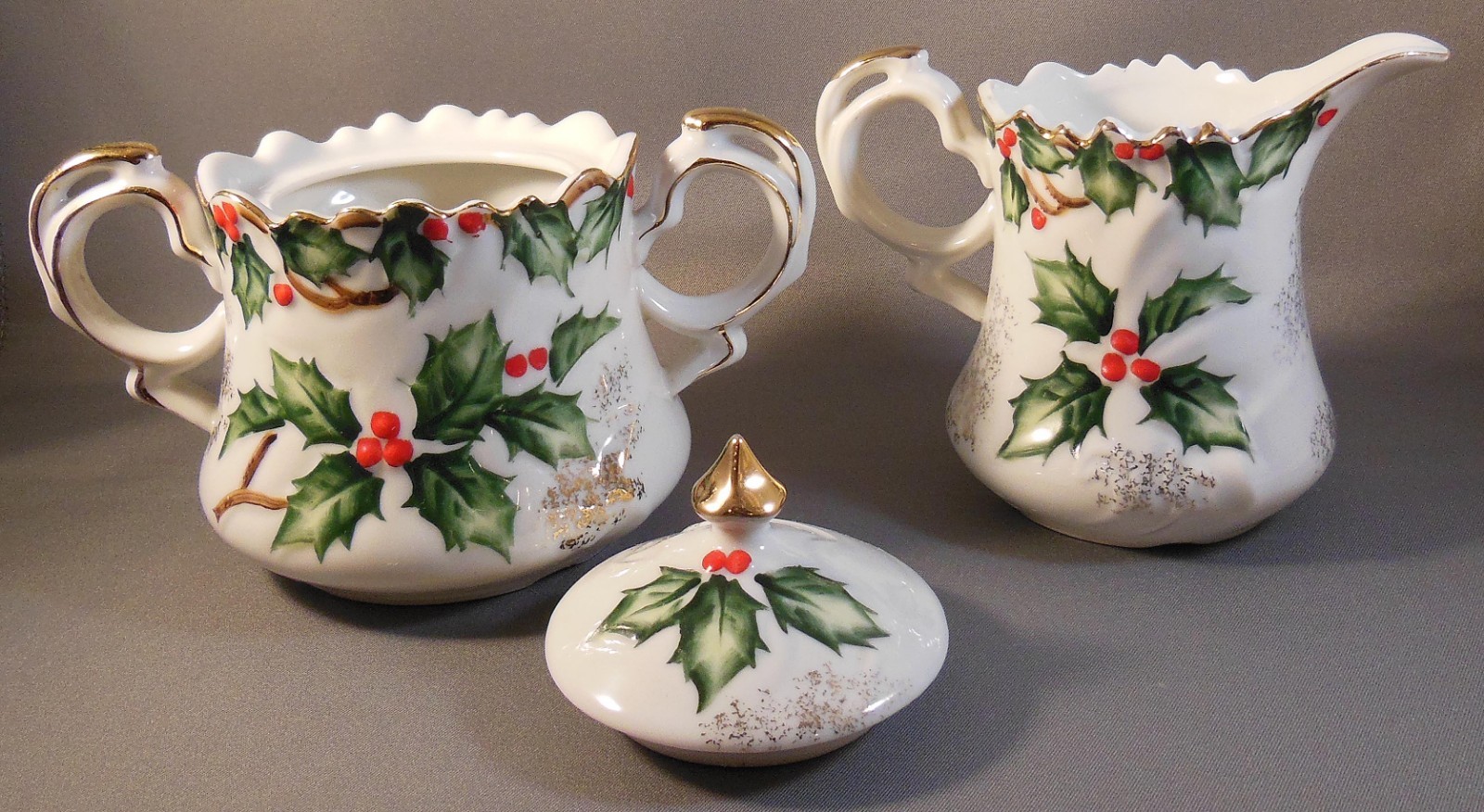 VTG Lefton China Holly Garland Hand Painted Creamer Sugar Bowl and Lid NE 1965
