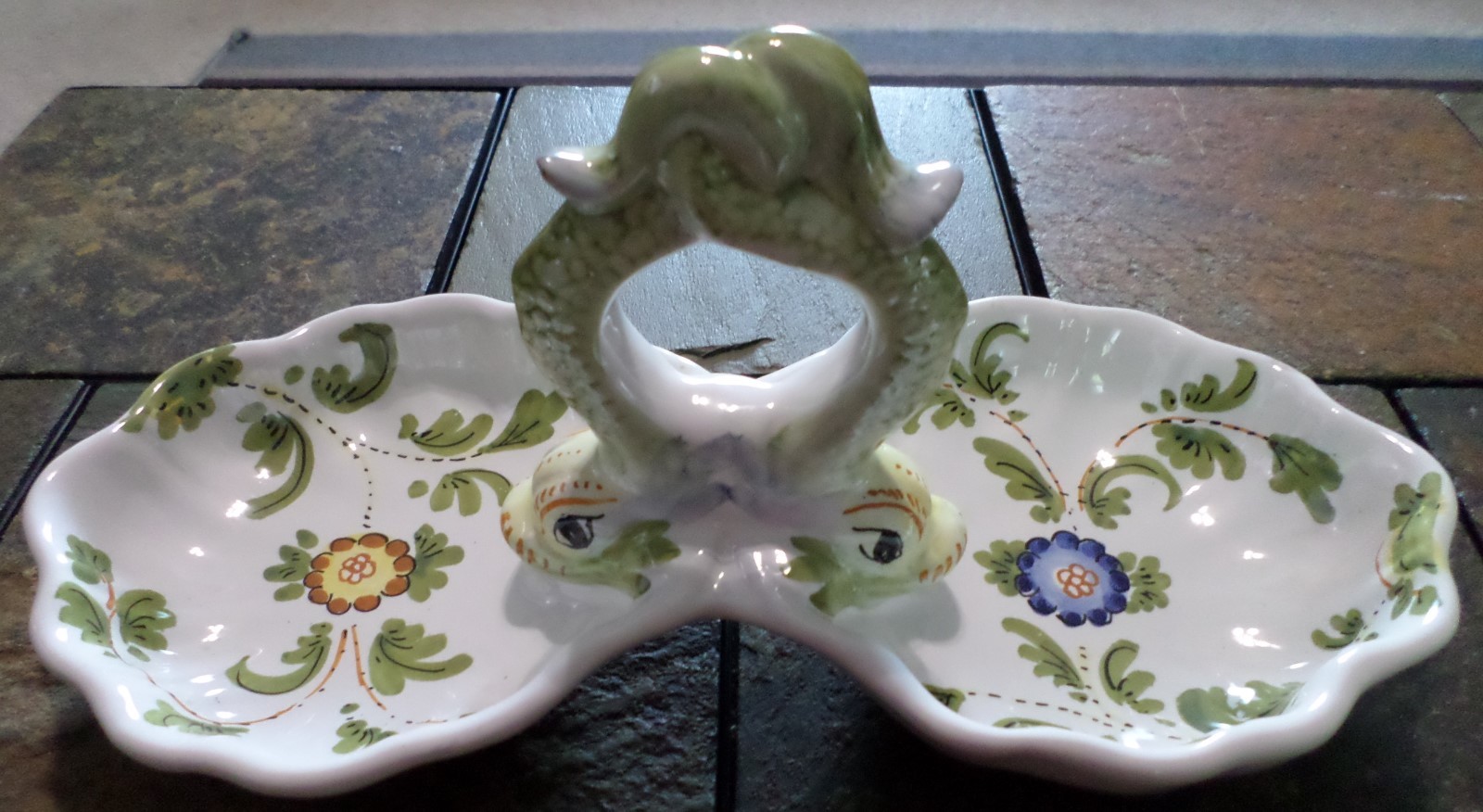 Double Relish Dish Tray Made in Italy ~Entwined Dolphin Handle, Painted Flowers