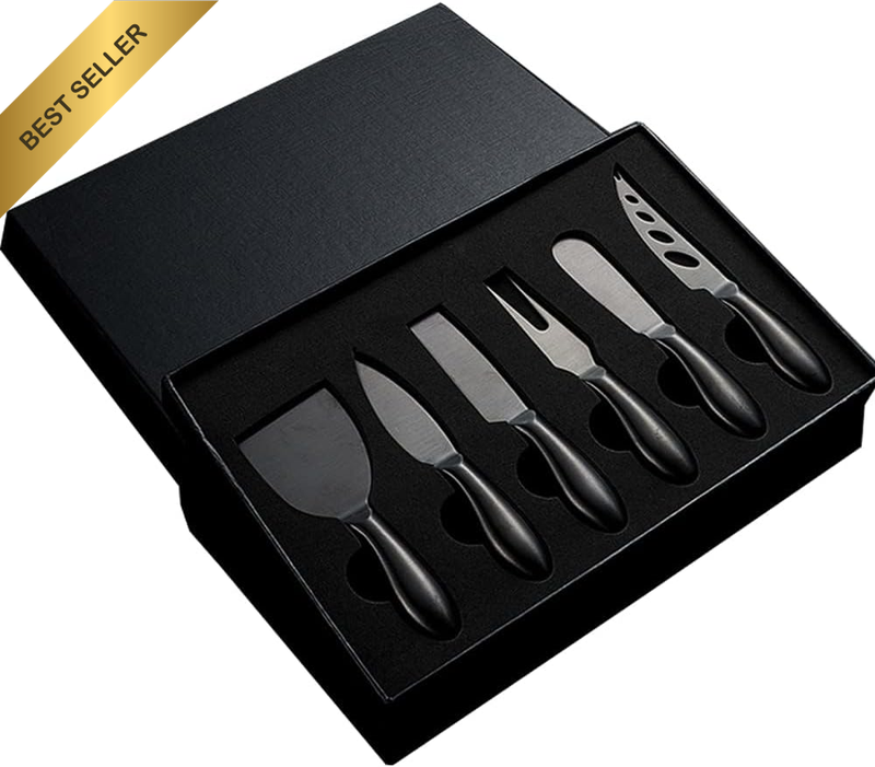 Black Cheese Knives Set 6 Piece Slicer Cutter Fork Spreader Tool Collection Stai