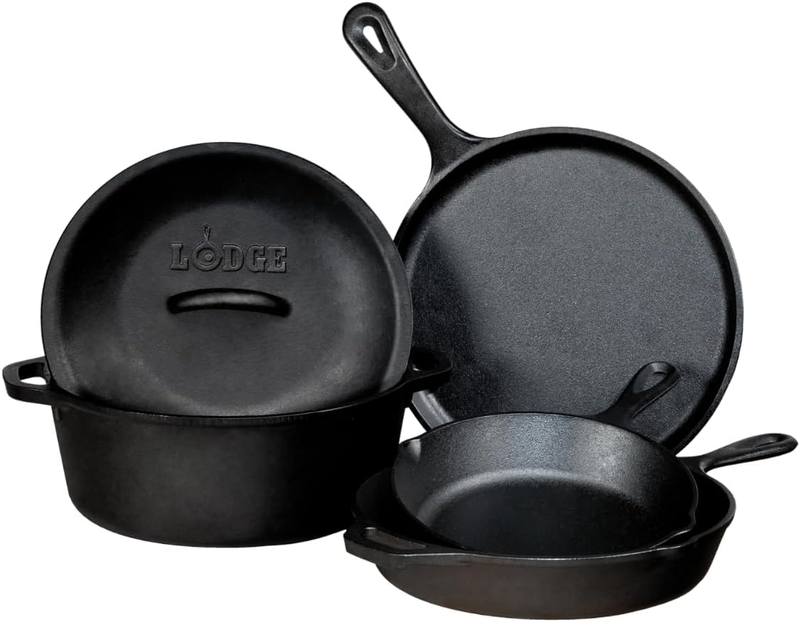 Lodge Seasoned Cast Iron 5 Piece Bundle. 10.5" Griddle, 8" Skillet, 10.25" Skill
