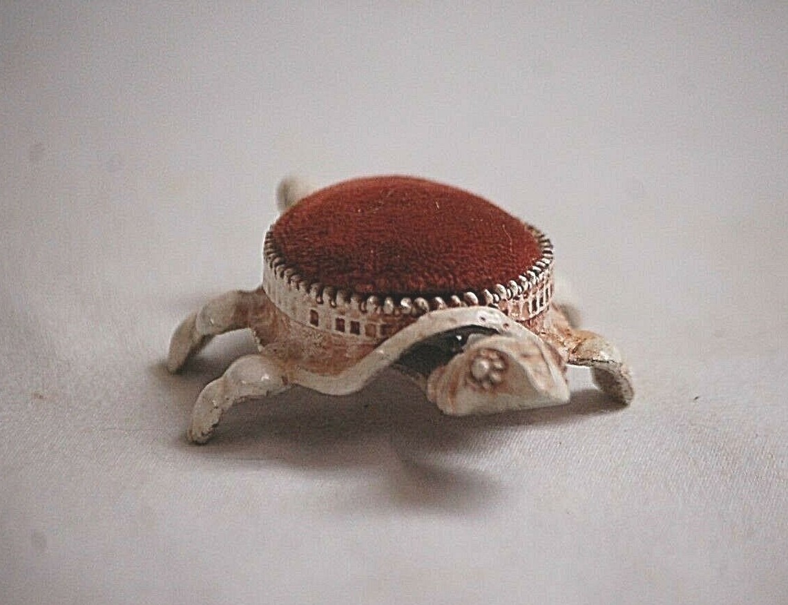Vintage Cast Metal FLORENZA Bobble Head Turtle Tortoise Sewing Pin Cushion