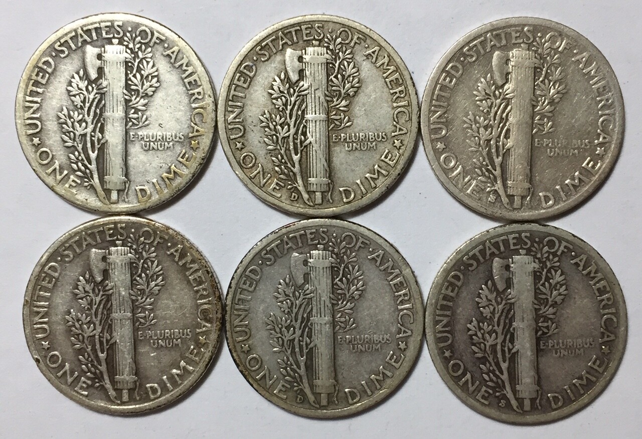 1939, 1939-D, 1939-S, 1940, 1940-D & 1940-S 10C Mercury Dimes 90% Silver
