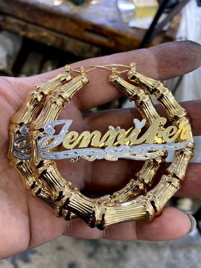 14K Gold Overlay Personalized Name Bamboo Earrings 3 inches