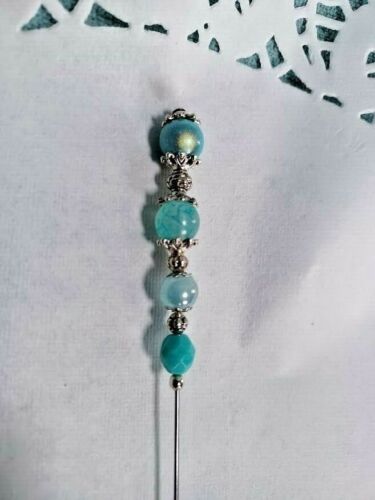 VINTAGE INSPIRED Blue Turquoise Beads on Silver finish HAT PIN Hatpin 6" clutch