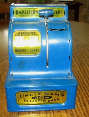 UNCLE SAM's 3 Coin (Nickles, Dimes & Quarters) REGISTER BANK. Made in Korea