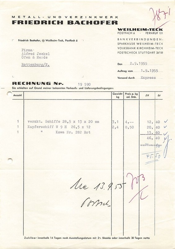 Alte Rechnung Quittung 1955 Friedrich Bachofer Metall Verzinkwerk Weilheilm Teck