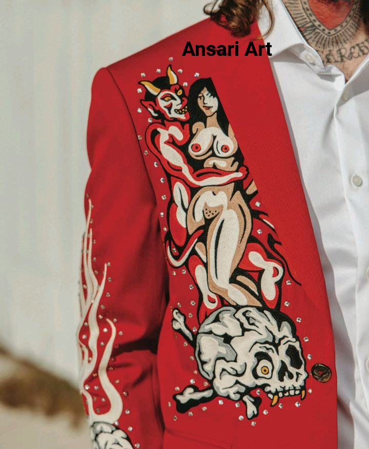 ART MEN RED 2PC BESPOKE SKELETON FLAMES FLORAL EMBROIDERED RHINESTONE COWBOY OUTFITS