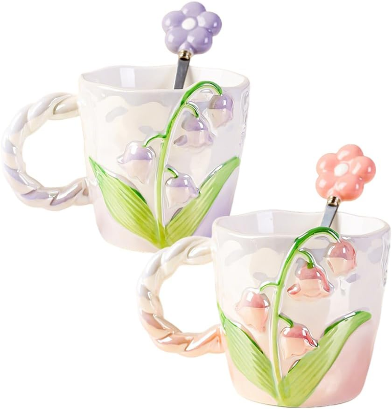 2 Pack Cute Vintage Flower Mugs, 3D Floral Ceramic Coffee Mug, Tea Cups with Han
