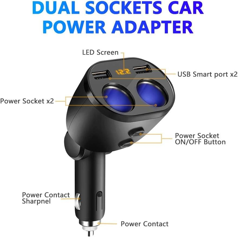 USB Car Charger Splitter Adapter, 2 Socket Cigarette Lighter Multi Power Outlet