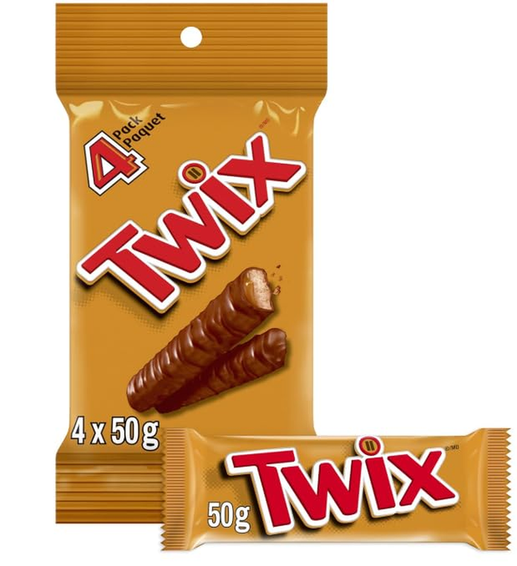TWIX, Caramel Cookie Chocolate Candy Bar, Full Size Bar, 50G per Bar (4 Full Size Bars)