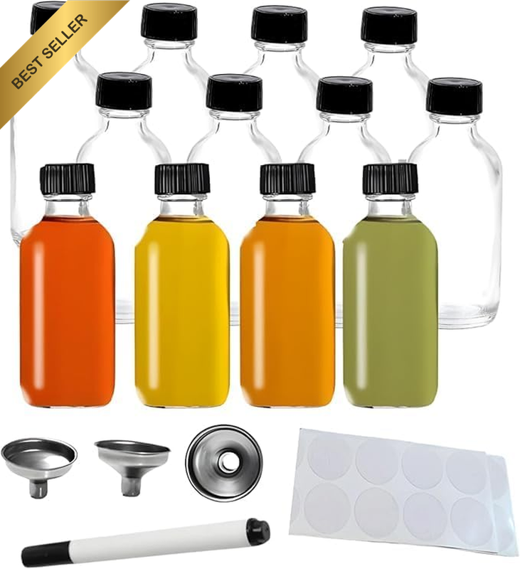 2Oz (60Ml) Glass Shot Bottles with Caps with Pouring Funnel - Ideal for Hot Sauc
