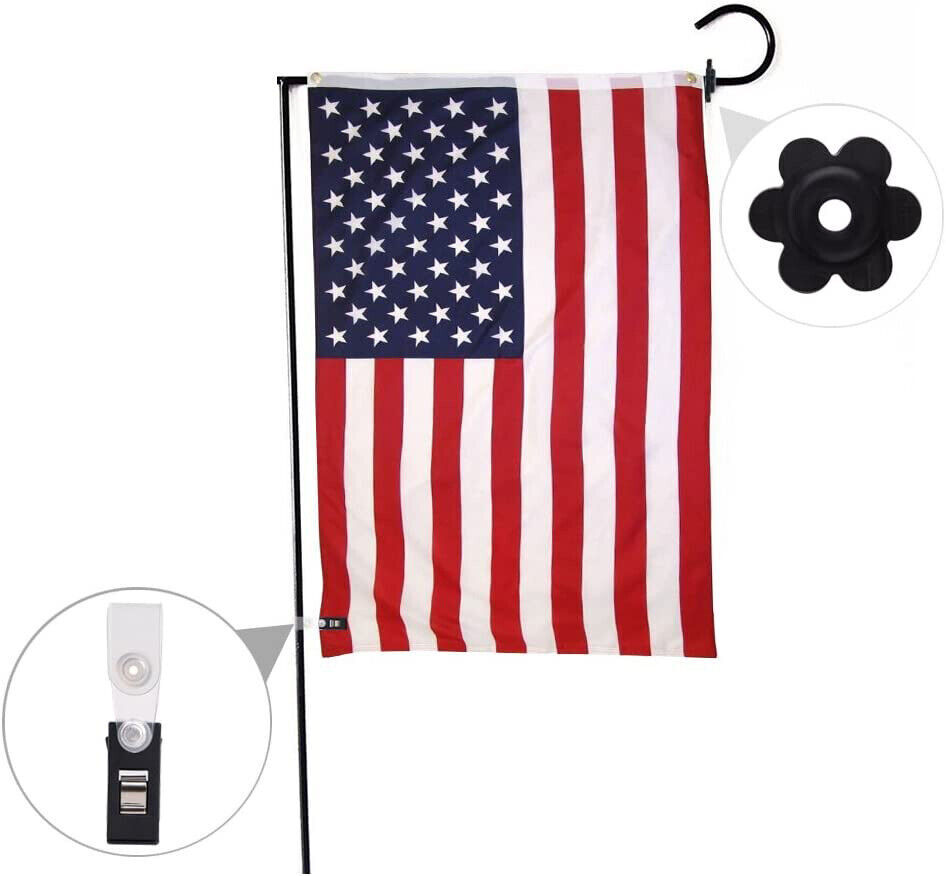 2 Set Garden Flag Pole Metal Holder Stand with Anti-Wind Clip for Outdoor Lawn